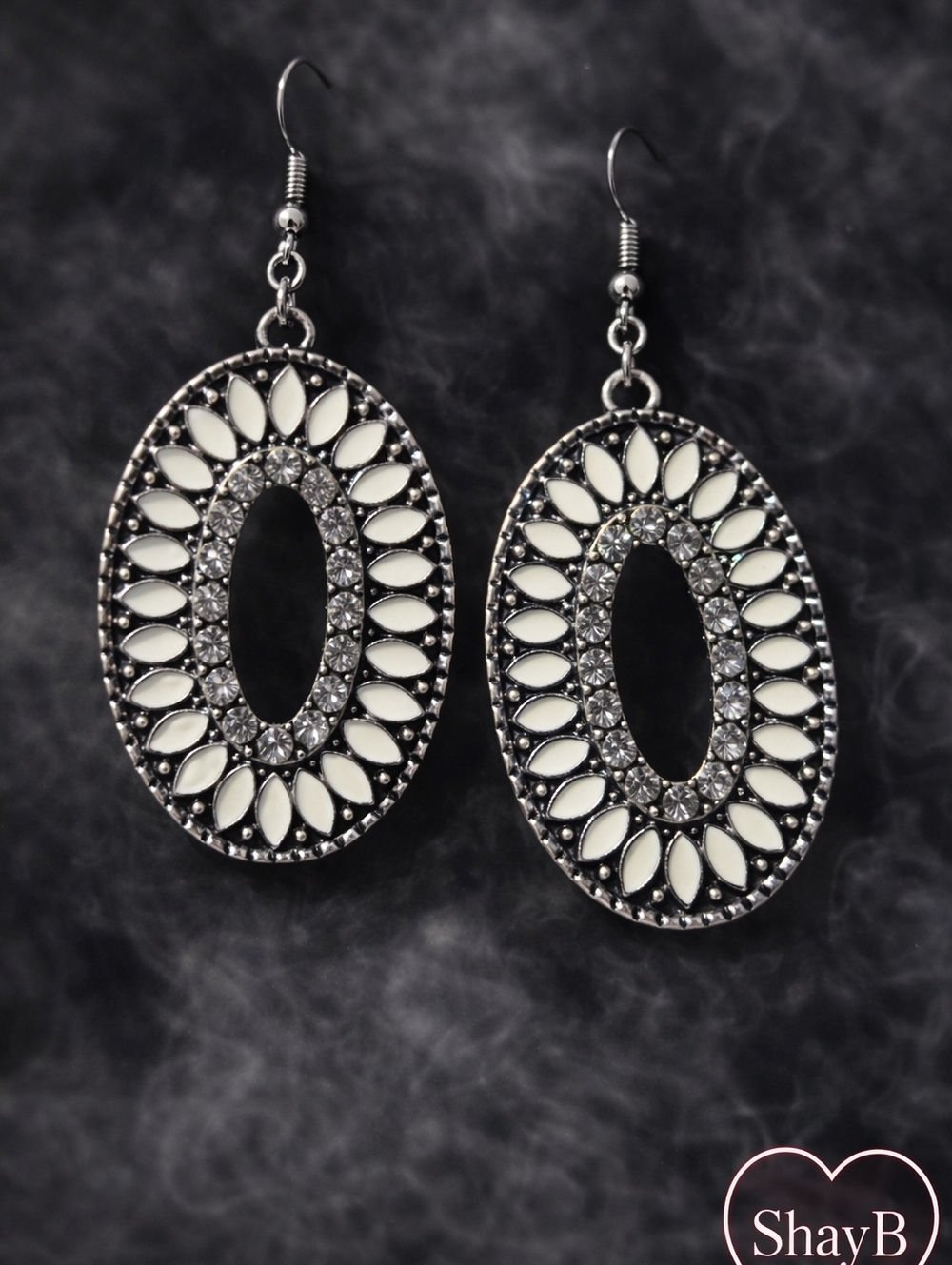 White and Silver Oval Drop Earrings
